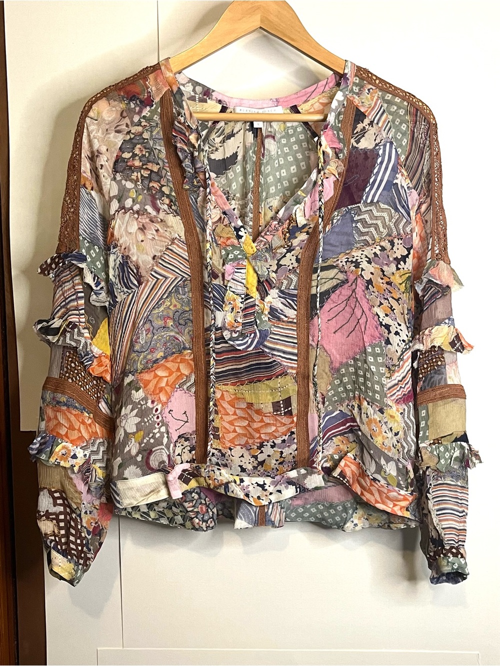 Burning Torch Women’s Size S Multi-Color Boho Patchwork Silk Blouse